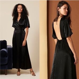 NWT Whimsy + Row Lola Midi Dress Medium Black Satin Wedding Cocktail Elegant